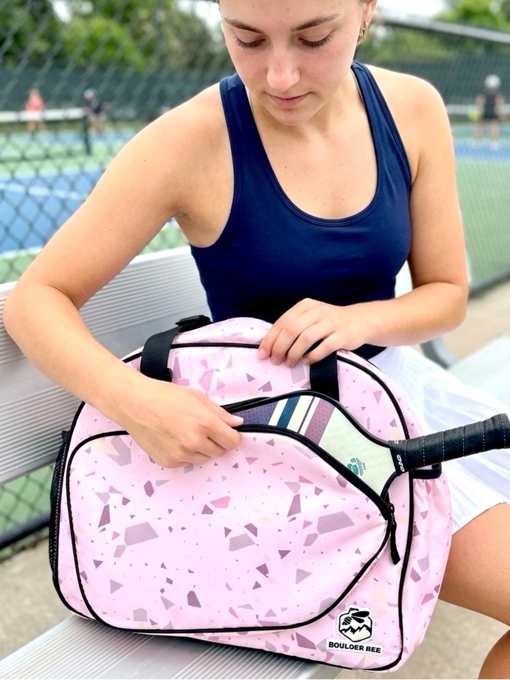 Boulder Bee Premium Pickleball Tote Bag Pink Terrazzo Print